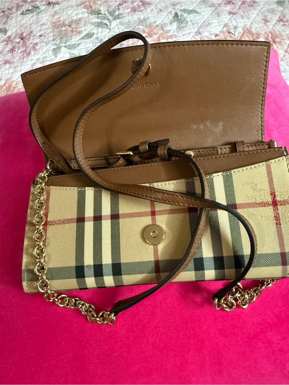 Burberry Brown Leather & Beige Check Crossbody Bag with Gold Chain - Picture 7 of 9